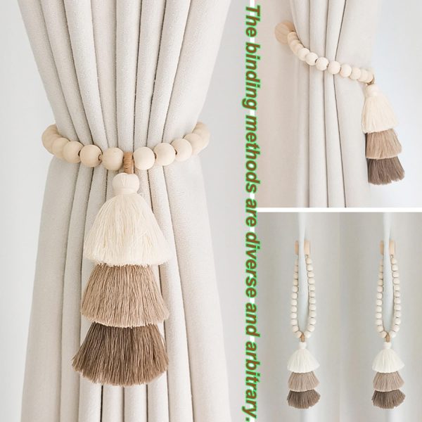 bulk purchase 2pcs wooden bead curtain tiebacks, tassel curtain clasp magnetic curtain clasp, boho curtain tiebacks,curtain tiebacks no hole punching decorative (coffee) factory discount