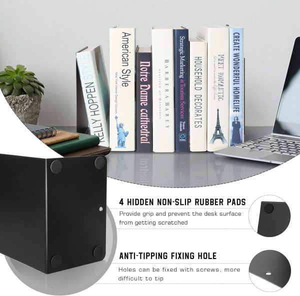 supplier direct vonderso metal bookends black, 2 pairs decorative metal book end supports for shelves gauge metal book divider stopper holders with non-slip anti-scratch rubber pads wholesale prices