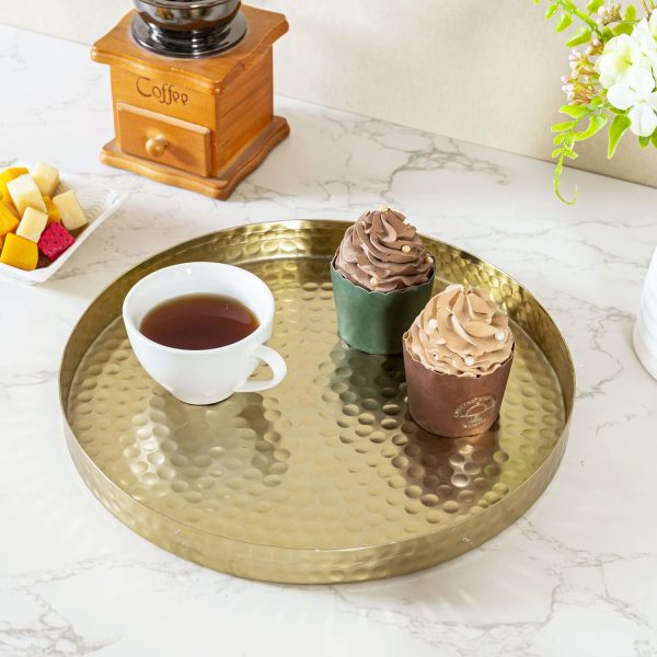wholesale direct mygift 11 inch deluxe hammered brass round decorative tray - aluminum plated serving display platter, centerpieces and vanity tray - handcrafted in india bulk purchase at factory prices
