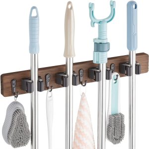 bulk purchase mop and broom holder wall mount - rustic wood broom mop hanger - wall mounted garden tool rack organizer for closet garage laundry room kitchen decor with 4 slots & 4 hooks trade price