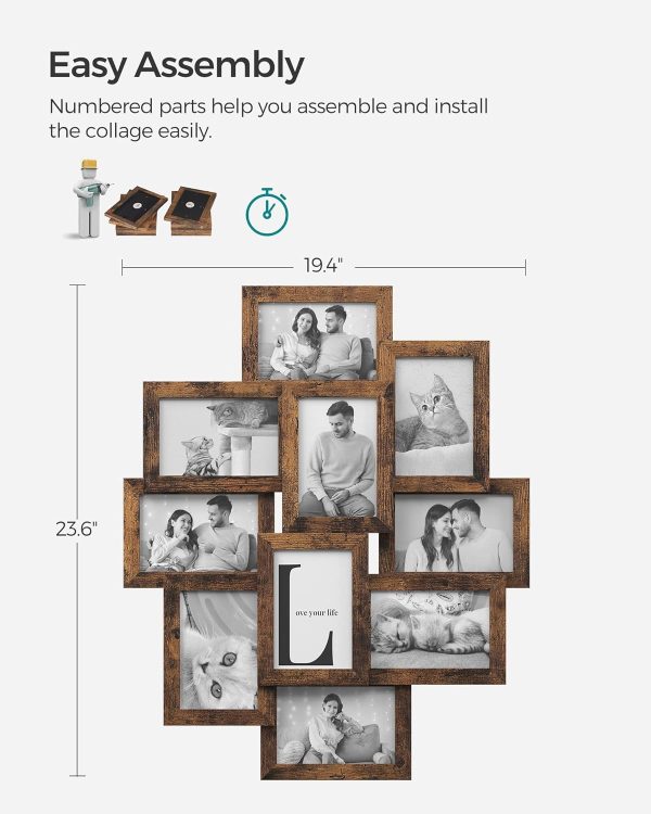 bulk purchase songmics collage picture frames, 4x6 picture frames collage for wall decor, 10 pack photo collage frame for gallery, multi family picture frame set, glass front, assembly required, rustic brown trade price