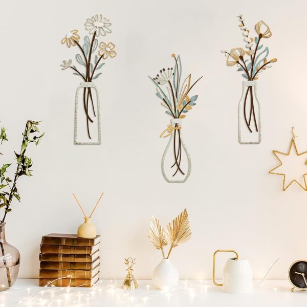 factory direct pigort 3 pieces metal flowers wall arts - rustic farmhouse decor beige minimalist flower wall decors for living room bathroom bedroom dining room-housewarming gifts (beige gold, vase-c) volume discount