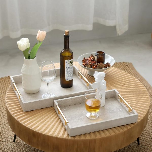 wholesale direct set of 2 shagreen serving tray with gold polished metal handles ivory wood decorative tray pu leather with brushed gold for coffee table ottoman console table bulk purchase at factory prices