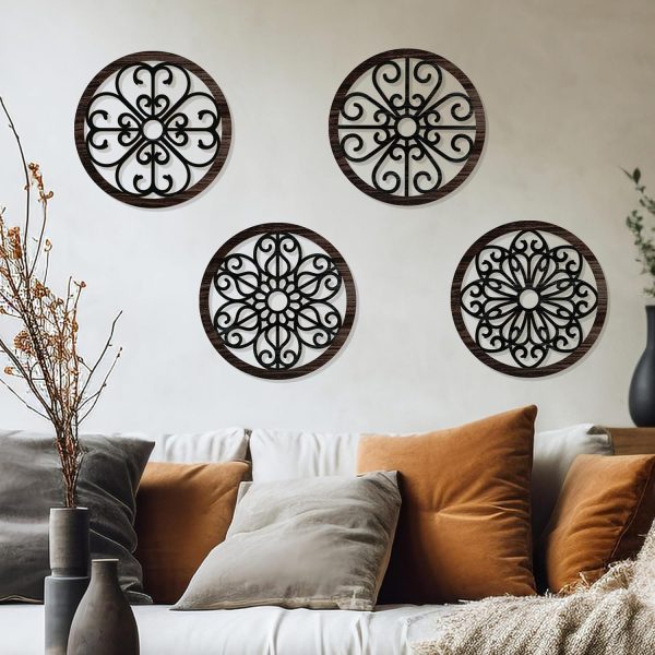 bulk purchase zzbakress 4 pcs wooden grainy rustic wall art farmhouse wall decor wooden exquisite hollow pattern wall decor elegant round wall art for living room dinner room kitchen bedroom hallway (black, rustic) trade price