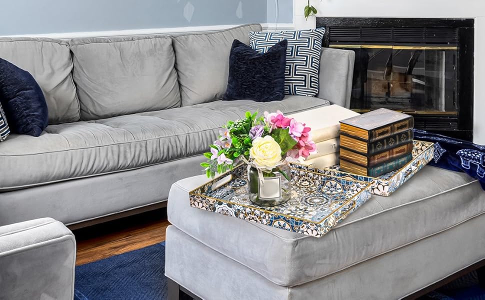 wholesale direct hiceeden set of 2 decorative serving trays with handles, boho tea trays ottoman trays for serving, modern plastic coffee table tray for living room, kitchen, bathroom, rectangle, blue bulk purchase at factory prices