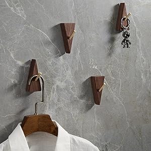 competitive pricing wall hooks decorative wooden coat hooks 2.95in height, small walnut wood and golden metal hooks for hanging hats towels robe clothes keys bags, adhesive or wall mounted, 4 pcs one-stop wholesale