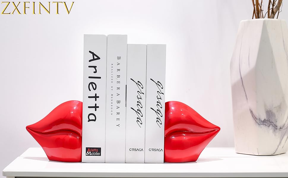 supplier direct red lips decorated bookends，set of 2 heavy decorative book stoppers，unique resin decoration，creative desktop red decor for study room hotel office shelves wholesale prices