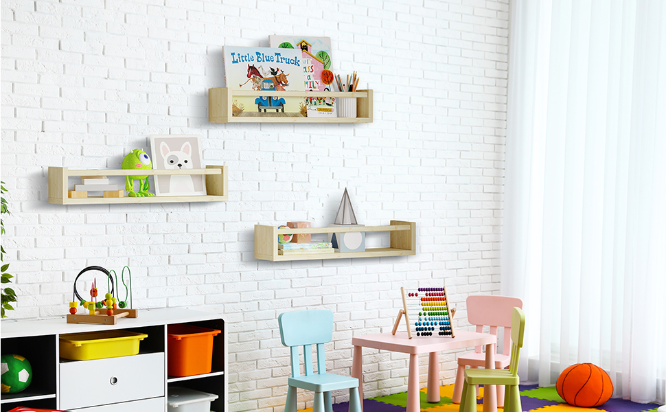 bulk purchase fixwal nursery shelves, 16.5 inch floating bookshelves for wall set of 3, baby nursery decor, solid wood wall mounted shelves for books (natural wood) trade price