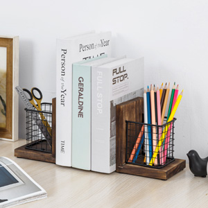 supplier direct mygift rustic burnt wood decorative bookends for heavy books with matte black metal wire basket pencil cup and office supplies storage baskets, 1-pair wholesale prices