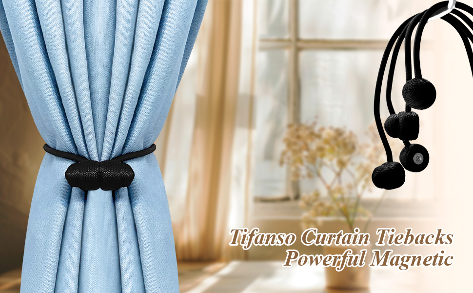 bulk purchase tifanso black magnetic curtain tiebacks - 4pcs curtain tie backs for curtains, decorative curtain ties holdbacks for drapes, boho drapery tiebacks, no drill curtain hooks for bedroom, farmhouse decor factory discount