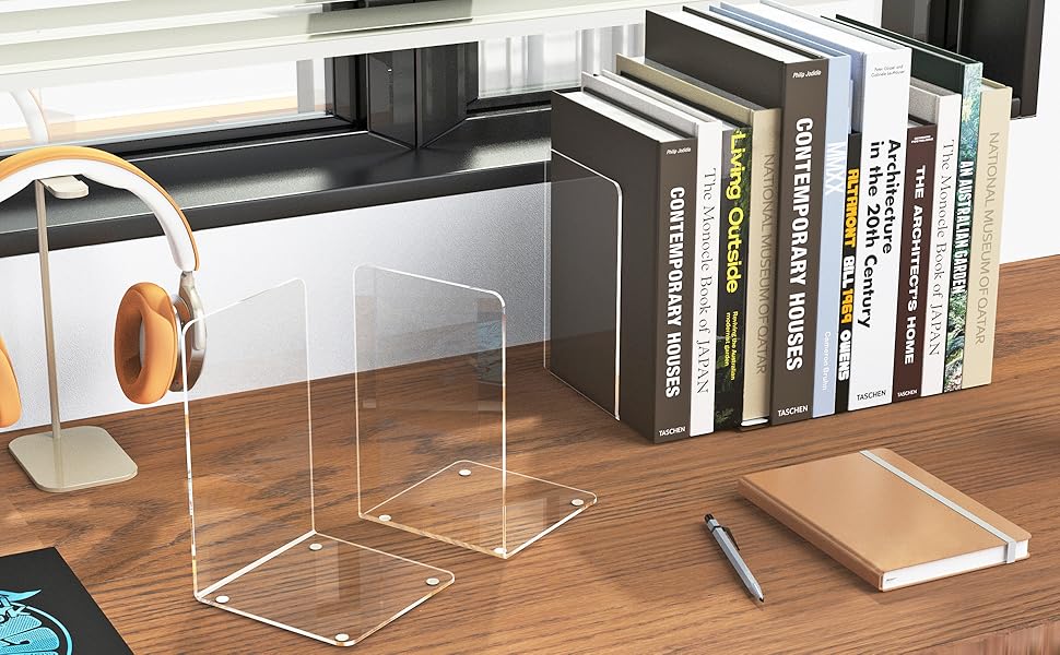 supplier direct acrylic bookends 4 pcs, clear book ends for shelves, transparent bookend organizer, book holder stand decorative, book stoppers for heavy duty books, cd, file, video games wholesale prices