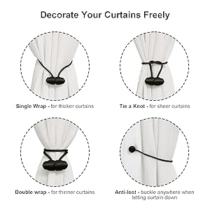 bulk purchase tifanso black magnetic curtain tiebacks - 4pcs curtain tie backs for curtains, decorative curtain ties holdbacks for drapes, boho drapery tiebacks, no drill curtain hooks for bedroom, farmhouse decor factory discount