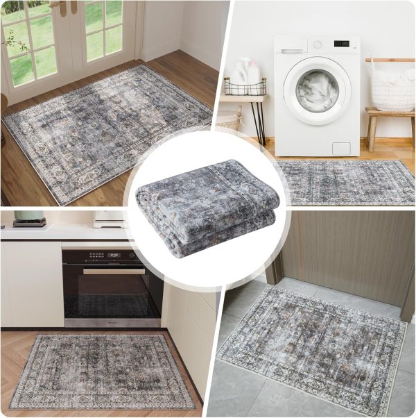 global sourcing 2x3 rug washable boho rug soft small area rug non-slip non-shedding faux wool vintage rug for door mat, kitchen, floor, entryway, powder room (grey and brown) oem/odm services