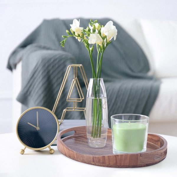wholesale direct acacia wood serving tray with handles - 17"x13" round, decorative ottoman tray for living room, coffee table, breakfast in bed, candle display bulk purchase at factory prices