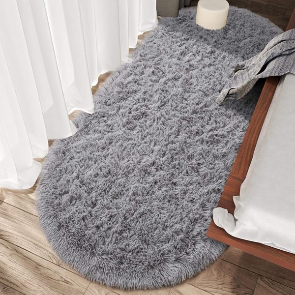 global sourcing junovo oval fluffy ultra soft area rugs for bedroom plush shaggy carpet for kids room bedside nursery mats, 2.6 x 5.3ft, grey oem/odm services