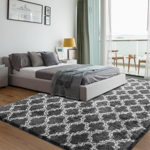 global sourcing plush area rug 4x6 feet high pile rugs for living room, ultra soft indoor carpet for bedroom, playroom, playroom, home decor, geometric, dark grey/white oem/odm services