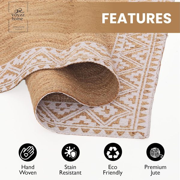manufacturer direct voyzz home jute braided runner area rug, 6x9-feet rectangular printed jute rug natural handmade jute area rug for entryways living room bedroom farmhouse vintage decor trade price