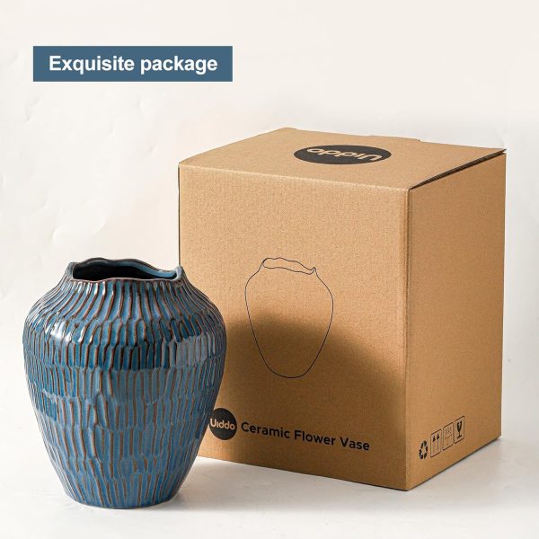 oem/odm services blue ceramic vase for home decor,7.8 inch flower vase，decorative blue vase for pampas grass，modern art texture vase for home entryway living room dining table farmhouse office decor-blue affordable bulk deals