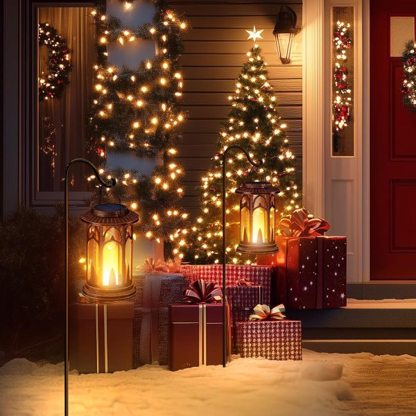 custom wholesale solar lanterns outdoor waterproof, 2 pack flickering flameless outdoor solar candle lantern, solar powered & battery powered hanging lanterns decorative outdoor for porch garden christmas decorations oem/odm services