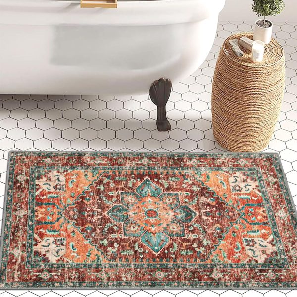 global sourcing washable area rug, 2x3 small entryway rug non-slip boho vintage rug with rubber backing, low pile faux wool soft distressed rug floor carpet for indoor door mat, kitchen, laundry bathroom oem/odm services