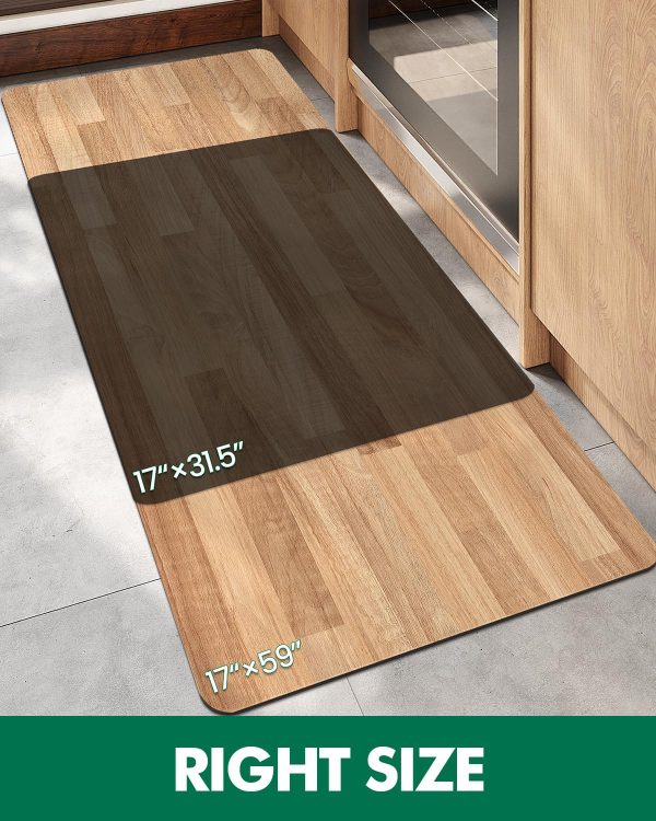 manufacturer direct lumi 2pcs ultra-thin wood grain kitchen mat set, low profile, non slip, quick dry, washable kitchen rugs, teak, 17"x31.5" + 17"x60" trade price