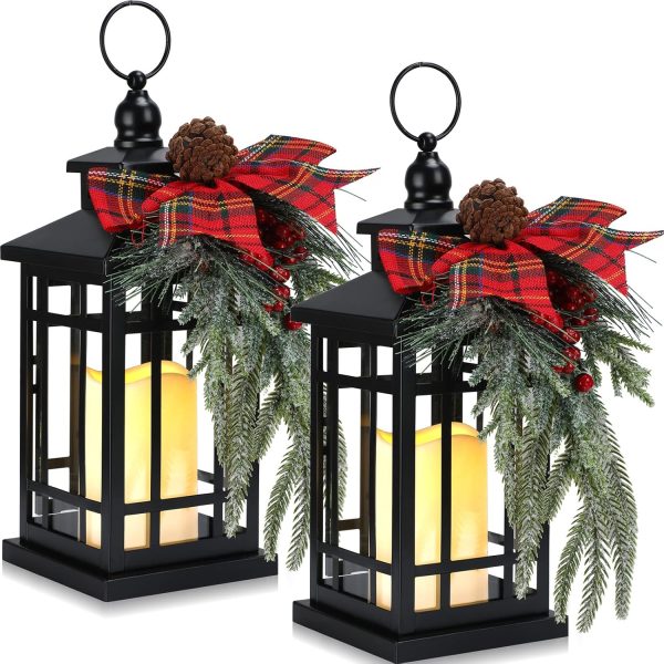 custom wholesale 2 pcs christmas decorative lanterns black metal christmas party hanging candle lantern vintage flameless decorative lanterns with led lights for indoor outdoor christmas home table porch party decor oem/odm services