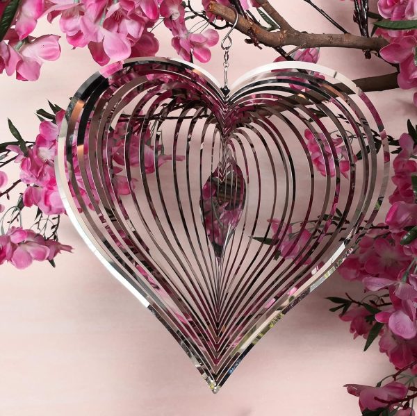 producer to buyer djuan wind spinner outdoor metal decorations,silver heart wind spinners for yard and garden,stainless steel wind chimes for outside decor,birthday gifts for mom,mother's day,aunt gifts discounted pricing