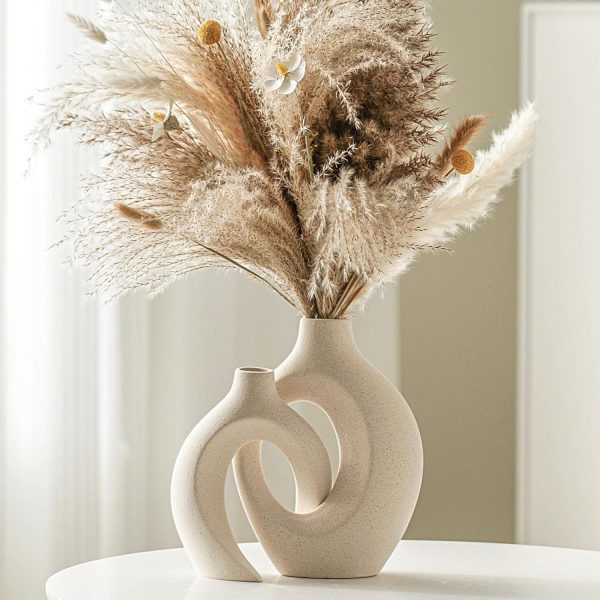 dropship from factory snuggle hollow ceramic vase set of 2, nordic modern boho ins style decorative ceramic aesthetic flower vase for home decor (milky white w 6.3" x h 8.4") mass production supply