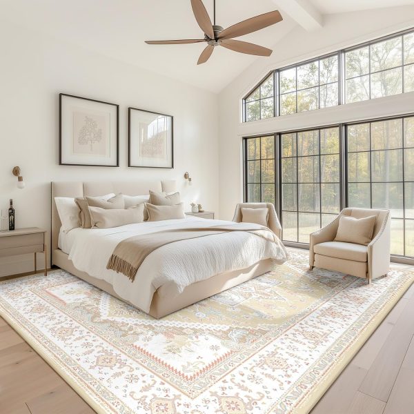 global sourcing bestsweetie area rugs 5x7 rug for living room, washable rug 5x7, non slip water repellent floor carpet, low pile soft vintage rug for bedroom dining room indoor-cream/light yellow/brown/blue/pink/pink oem/odm services