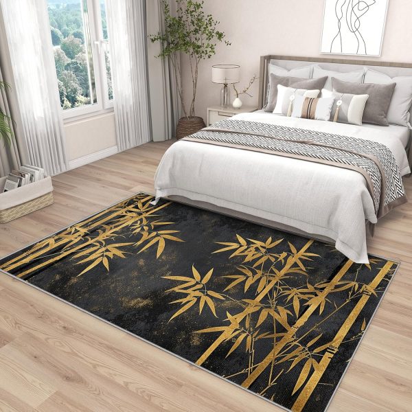 manufacturer direct bamboo rugs for living room - bamboo rug, 2x3 rug, gold bamboo leaf botanical area rug, rustic asian black door mat, washable & non slip & soft small carpet, bamboo home decor gifts trade price