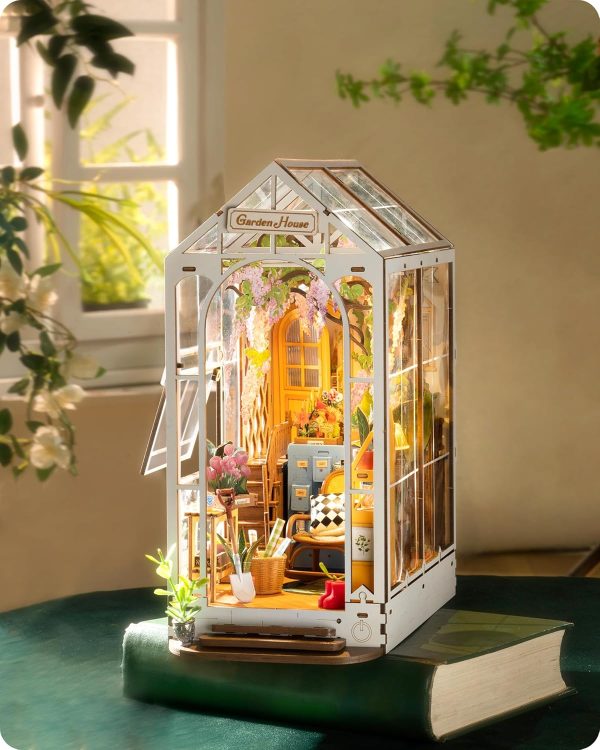 supplier direct rolife diy book nook kit garden house, diy miniature booknook kit 3d creative decorative bookend bookshelf insert 3d puzzle for adults, halloween/christmas decorations/gifts for adults (garden house) wholesale prices