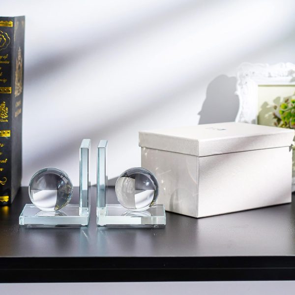 supplier direct 1 pair crystal bookends with crystal ball decorative ornaments,l shape non-skid sturdy book ends for heavy books,book holder stopper for shelf office home (4inch,clear) wholesale prices