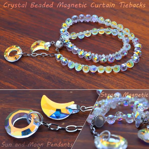 bulk purchase magnetic curtain tiebacks, 2 pack crystal beaded sun & moon pendants curtain sheer/drapery holdbacks, beaded curtain ties for window home decor (crystal ab) factory discount