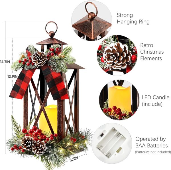 custom wholesale hatisan metal christmas lanterns vintage candle lanterns with led and ribbon hanging christmas decor lantern for indoor outdoor porch patio party gift (bronze) oem/odm services