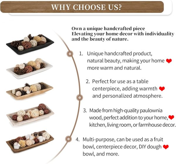 wholesale direct hanobe decorative wood dough bowl: long wooden centerpiece table decorations natural candle holder tray decor rustic unfinished trough centerpieces for dining room kitchen, white bulk purchase at factory prices
