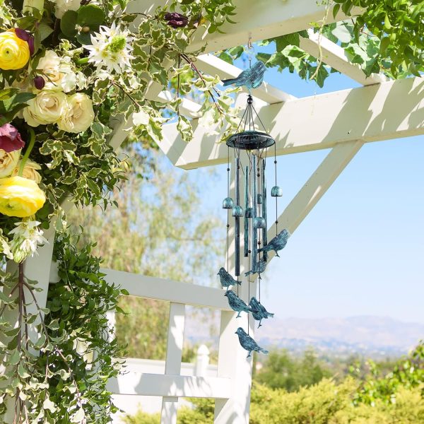 producer to buyer monsiter qe bird wind chimes for outside, outdoors with 4 large aluminum tubes & s hook - clearance hanging decor for garden, patio, backyard or porch discounted pricing