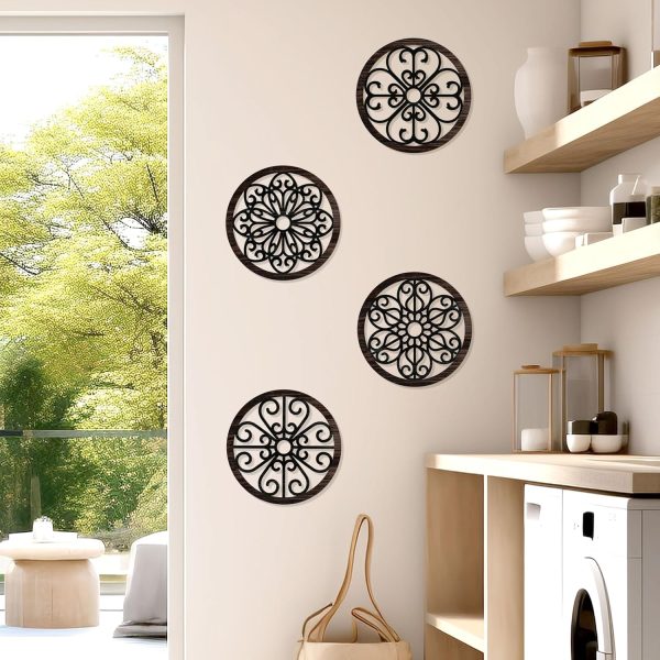 bulk purchase zzbakress 4 pcs wooden grainy rustic wall art farmhouse wall decor wooden exquisite hollow pattern wall decor elegant round wall art for living room dinner room kitchen bedroom hallway (black, rustic) trade price