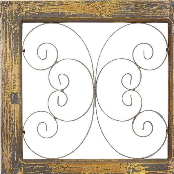 bulk purchase deco 79 wood scroll home wall decor window inspired wall sculpture with metal scrollwork relief, wall art 14" x 1" x 36", brown trade price