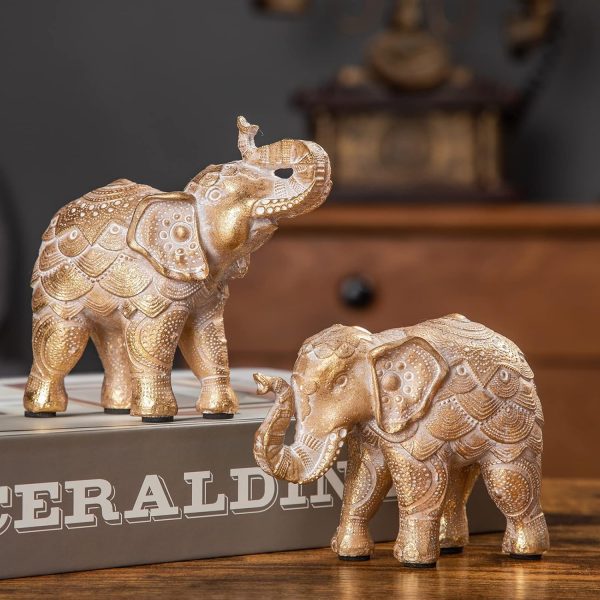 dropship from factory elephant statue for home decorations,elephant figurines with trunk up,elephant decor for shelf shelves table living room nightstand,african elephants gifts for women small set of 2 gold color accents mass production supply