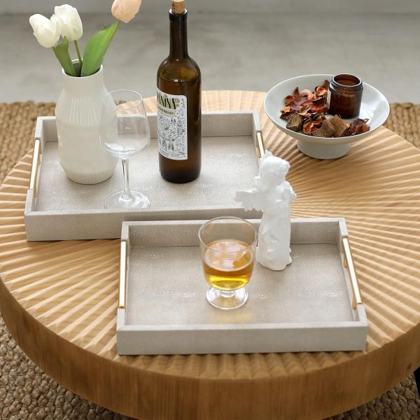 wholesale direct set of 2 shagreen serving tray with gold polished metal handles ivory wood decorative tray pu leather with brushed gold for coffee table ottoman console table bulk purchase at factory prices