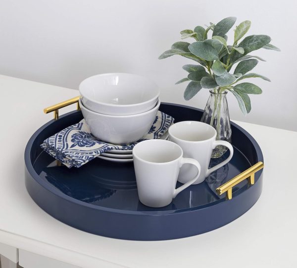 wholesale direct kate and laurel lipton modern round tray, 18" diameter, navy blue and gold, decorative accent tray for storage and display bulk purchase at factory prices