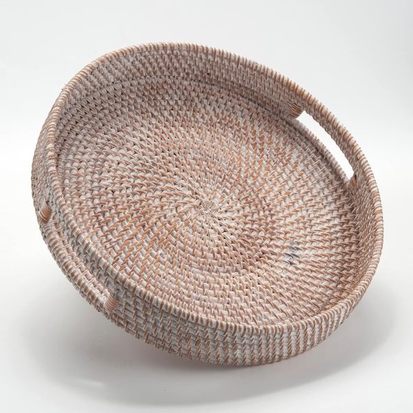 wholesale direct coffee table tray round rattan ottoman tray woven serving trays with handles for home and kitchen decorative white (large 14 inch x 2.8 inch) bulk purchase at factory prices