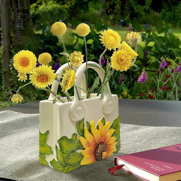 oem/odm services small purse vase for flowers - sunflower cute mini handbag flower vase for organic modern table centerpiece decor, unique beige resin white vase for party/kitchen/neutral/bedroom affordable bulk deals