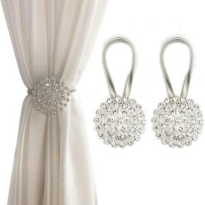 bulk purchase magnetic tiebacks for curtains, 2 pack sparkling crystal flower curtain tiebacks curtain buckle clips with high-elastic spring wire for home office decoration (white) factory discount
