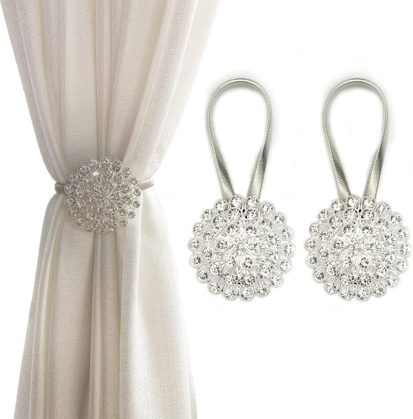bulk purchase magnetic tiebacks for curtains, 2 pack sparkling crystal flower curtain tiebacks curtain buckle clips with high-elastic spring wire for home office decoration (white) factory discount