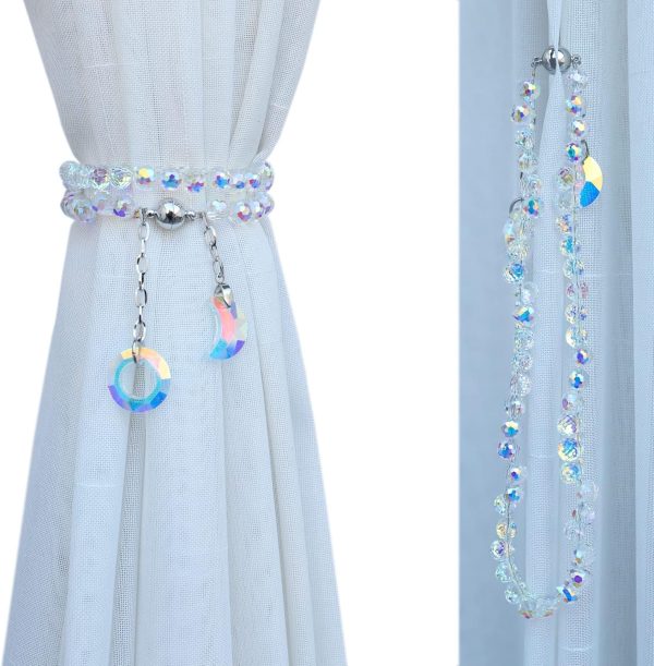 bulk purchase magnetic curtain tiebacks, 2 pack crystal beaded sun & moon pendants curtain sheer/drapery holdbacks, beaded curtain ties for window home decor (crystal ab) factory discount
