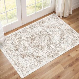 global sourcing washable 2x3 entryway mat - small indoor area rug for entrance with vintage non-slip low-pile traditional medallion indoor rug with stain resistant accent distressed carpet thin rug (bridge) oem/odm services