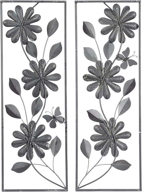 factory direct deco 79 metal floral home wall decor wall sculpture with silver frame, set of 2 wall art 12" x 2" x 35", green volume discount