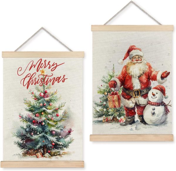 bulk purchase luvadian merry christmas wall art with wood poster hanger set of 2, christmas wall decor, christmas tree santa claus snowman posters artwork for wall, christmas wall hanging decorations, 12x16 inches trade price
