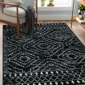 manufacturer direct wonnitar moroccan washable rug 4x6, black boho living room area rug, non-slip farmhouse bedroom carpet dorm room throw rug, low pile soft accent mat for kitchen entry office (black,4'x6') trade price
